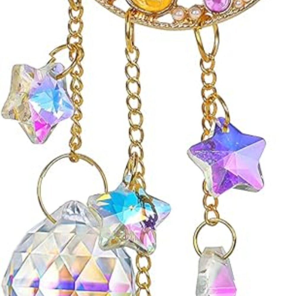 Handmade Crystal Moon&Star Prisms Suncatchers, Glass Window Hanging Ornament, Ra
